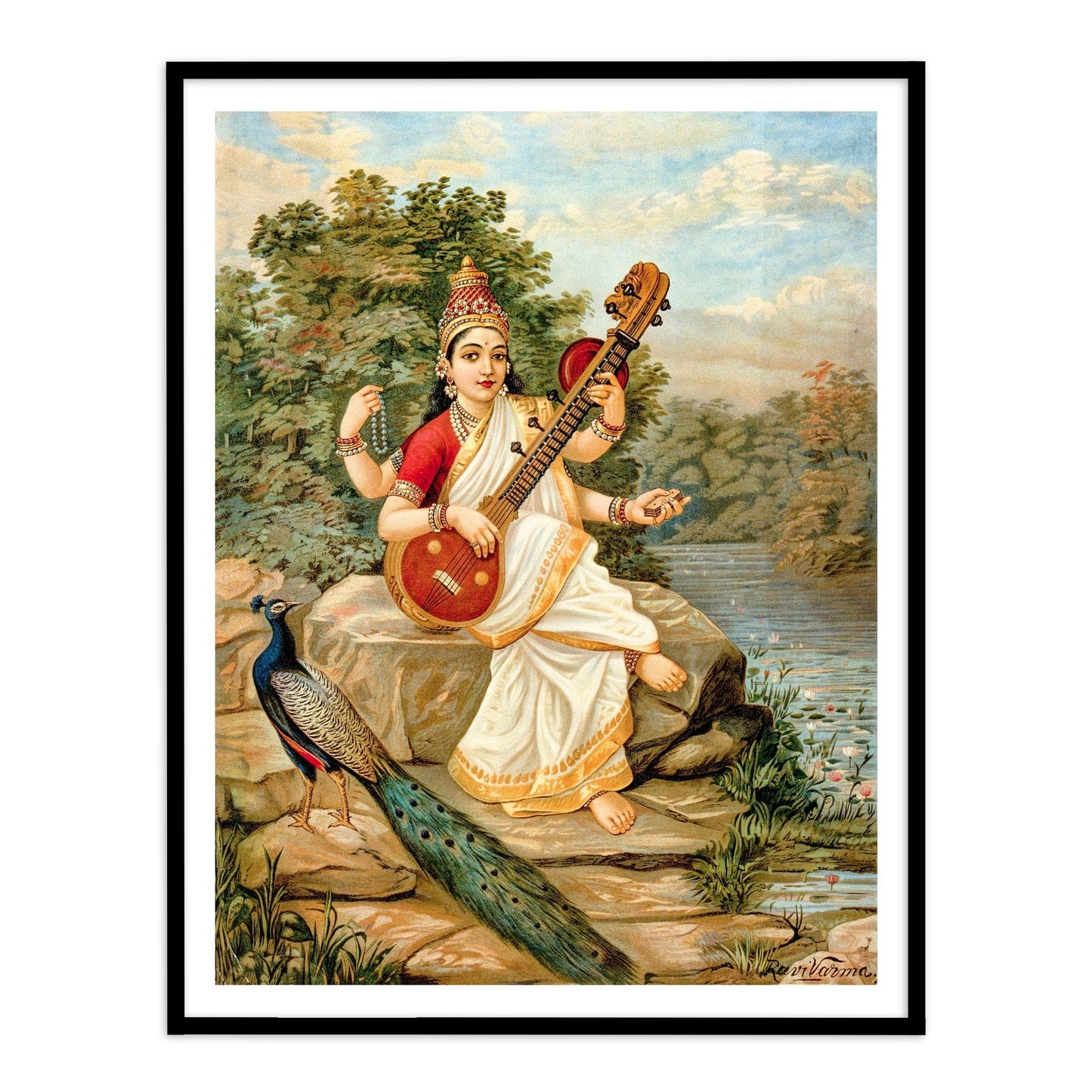 Goddess Sarasvati by Raja Ravi Varma Wall Art Print for Home Decor