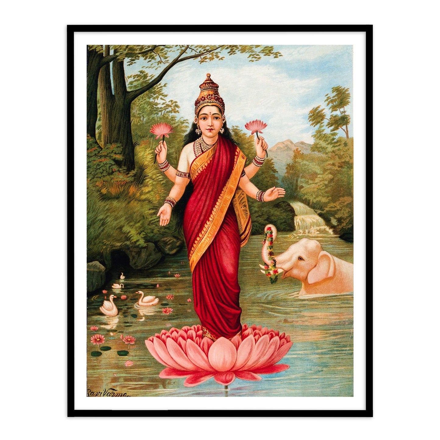 Lakshmi on her Lotus by Raja Ravi Varma Wall Art Print for Home Decor