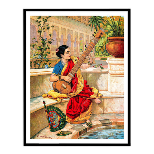 A seated Indian woman plays a sitar next to a garden pond (Kadambari) by Raja Ravi Varma Wall Art