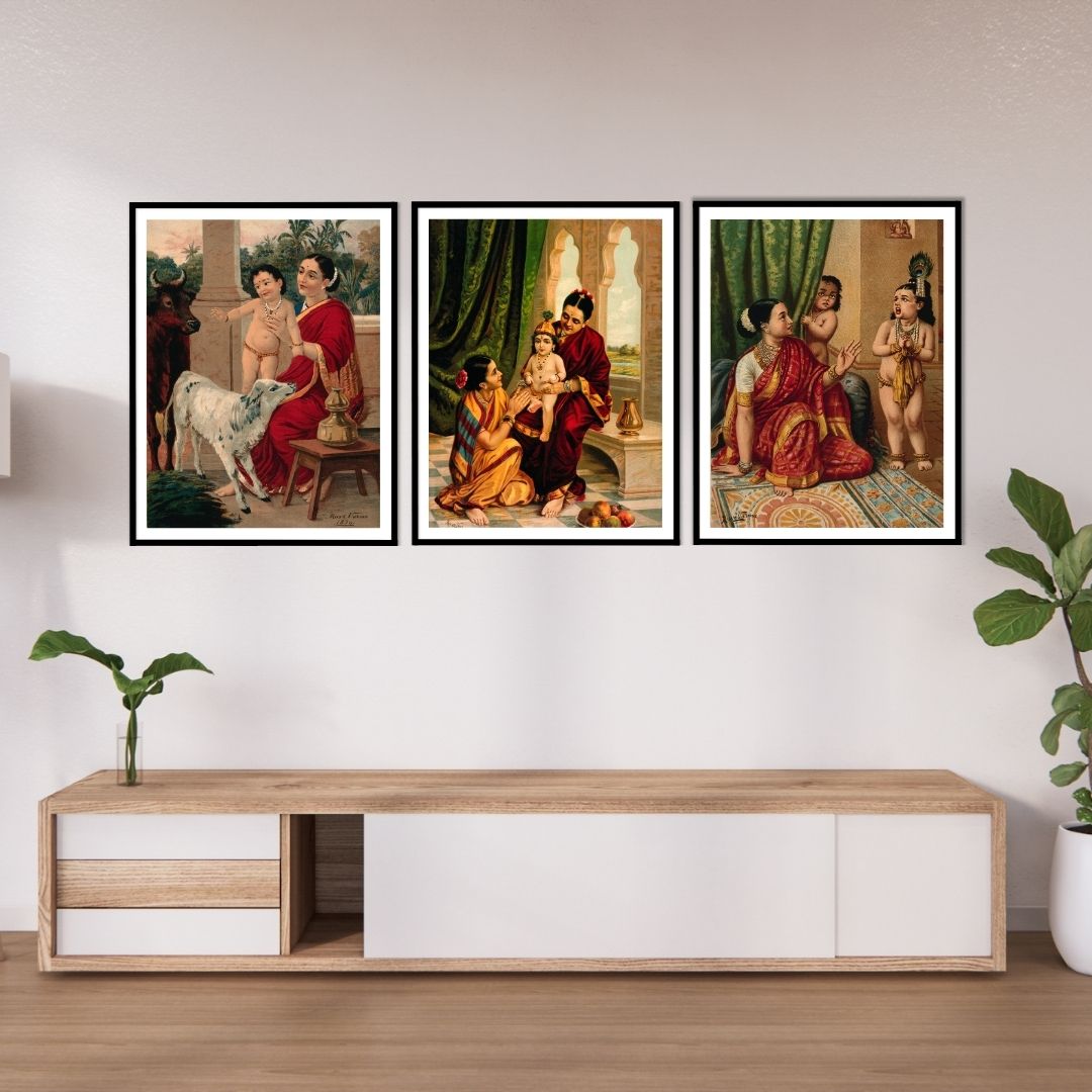 Krishna's Childhood (Bachpan) by Ravi Varma - Set of 3 Wall Paintings by Atrang