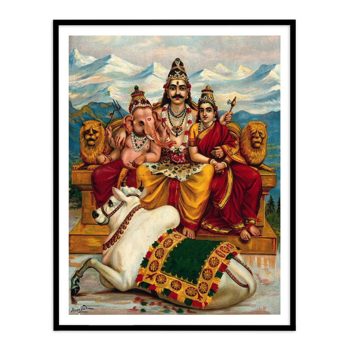 Shiva, Parvati and Ganesha enthroned on Mount Kailas by Raja Ravi Varma Wall Art Print