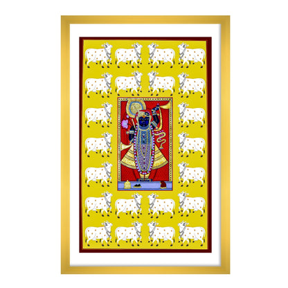 Shrinath Ji Gold Painting with Pichwai Cow | Framed Indian Wall Art