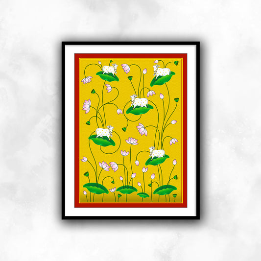 Pichwai Cow on Lotus Leaf | Pichwai Painting | Wall Art for Home decor