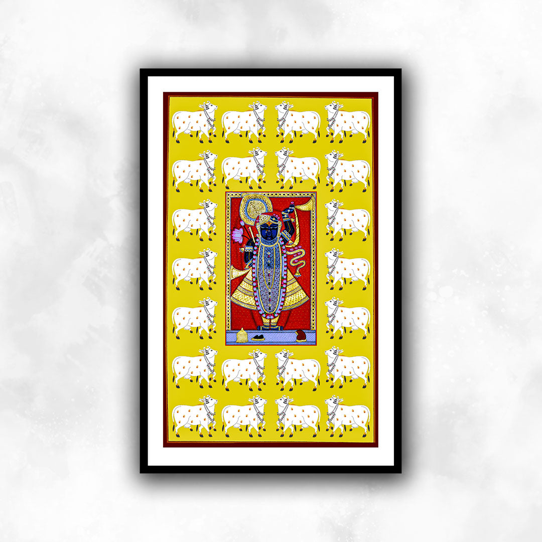 Shrinath Ji Gold Painting with Pichwai Cow | Framed Indian Wall Art