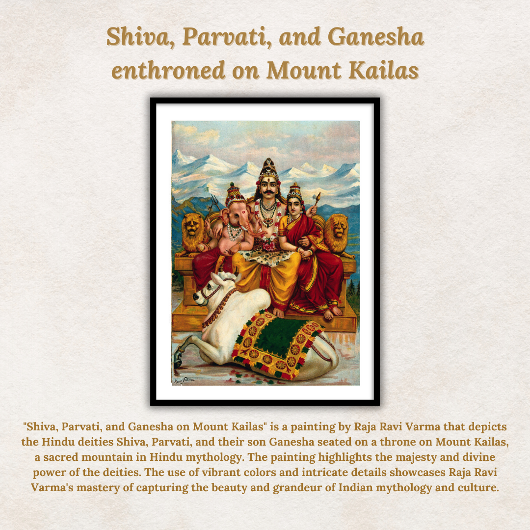 Shiva, Parvati and Ganesha enthroned on Mount Kailas by Raja Ravi Varma Wall Art Print for Indian Homes