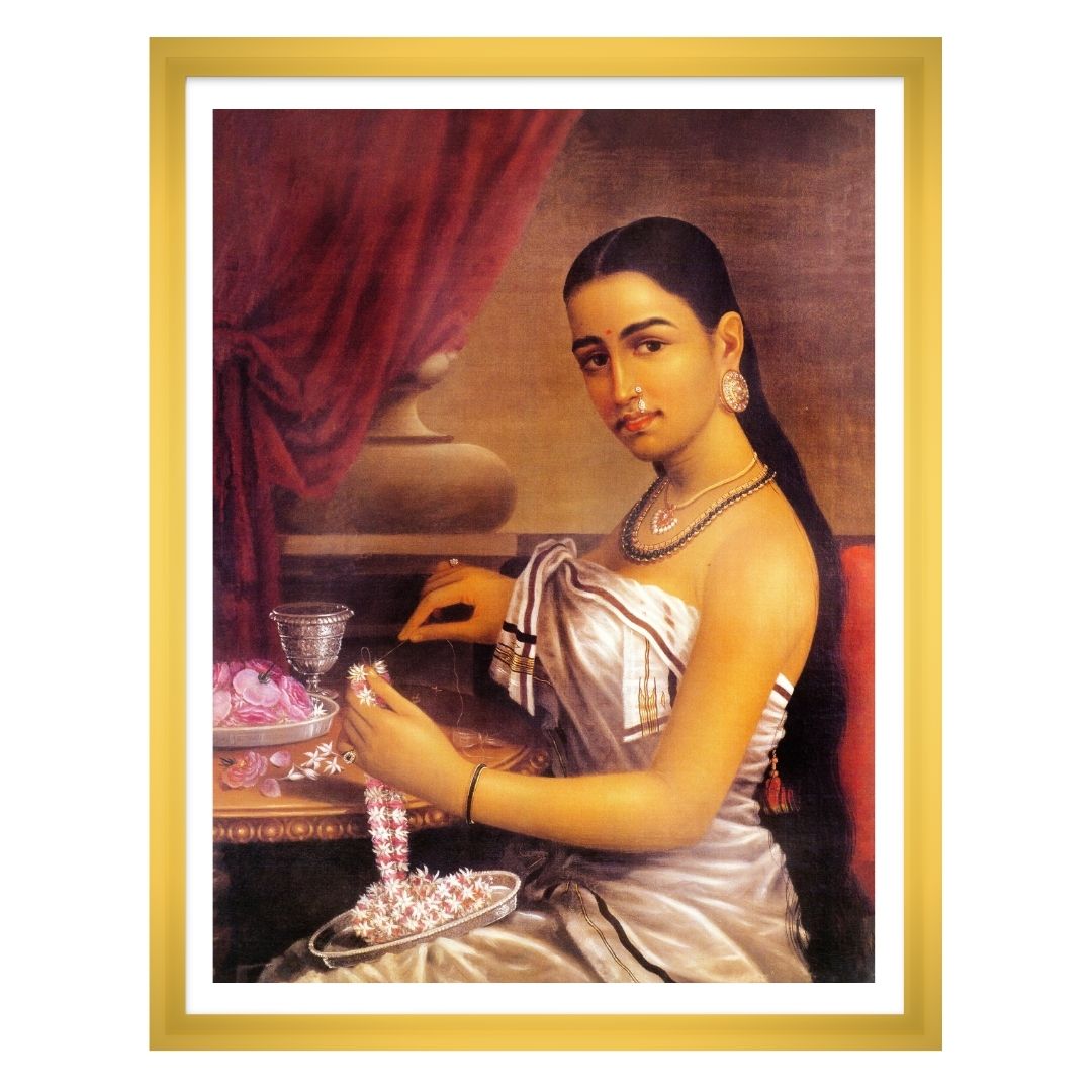 Lady making a garland by Raja Ravi Varma Wall Art for Home Decor