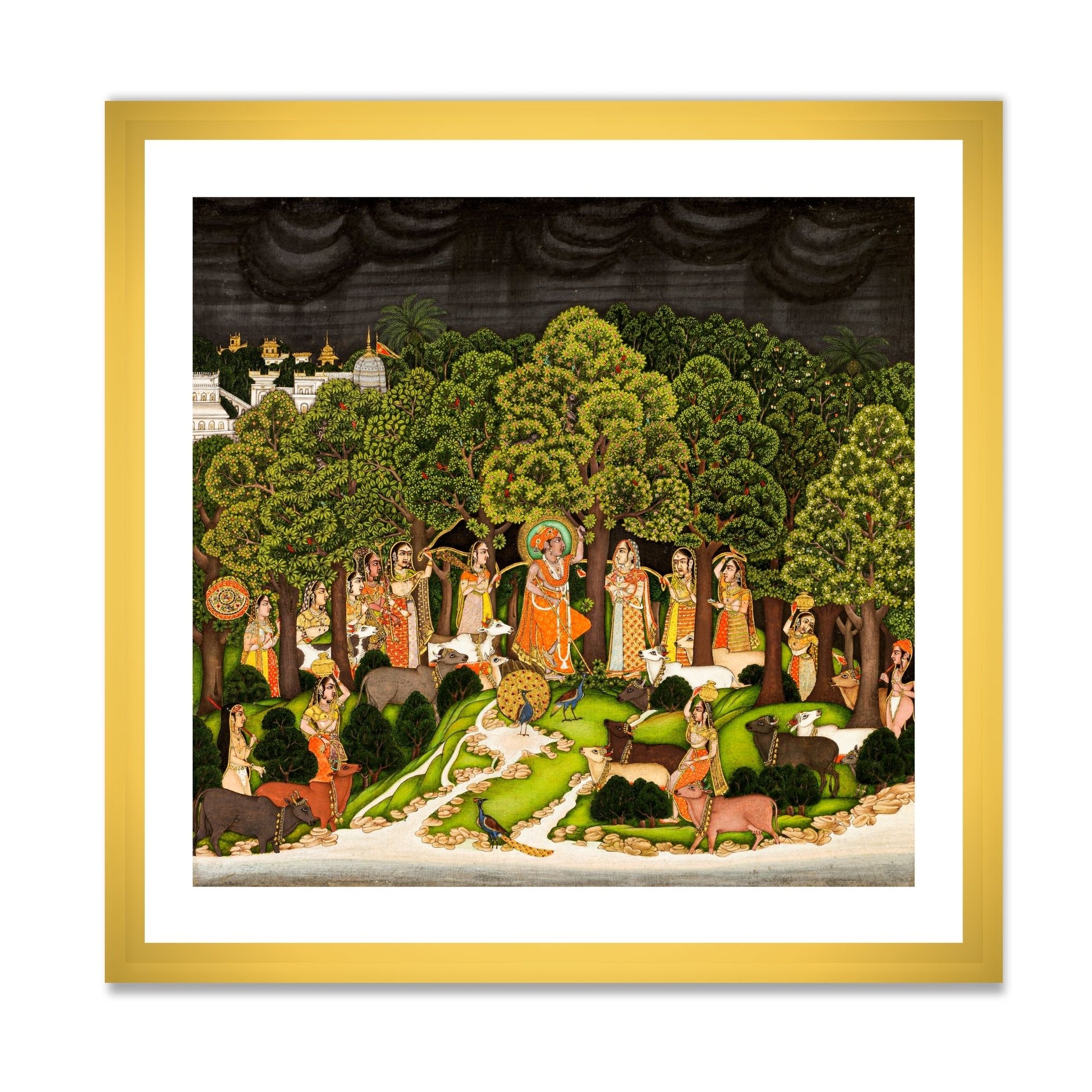 Radha Krishna Meet in Forest Indian Painting | Framed Wall Art - The Atrang