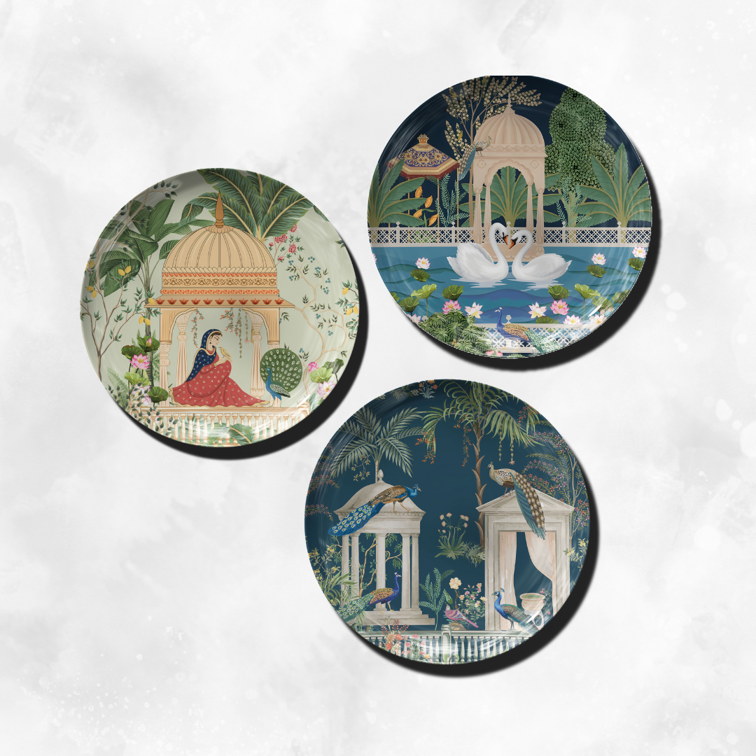 Peacocks, Swans & Palatial Grandeur Wall Decor Plate  (Set of 3)