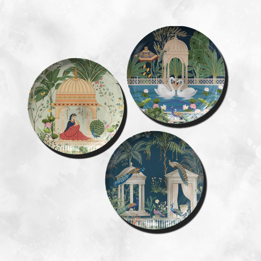 Peacocks, Swans & Palatial Grandeur Wall Decor Plate  (Set of 3)