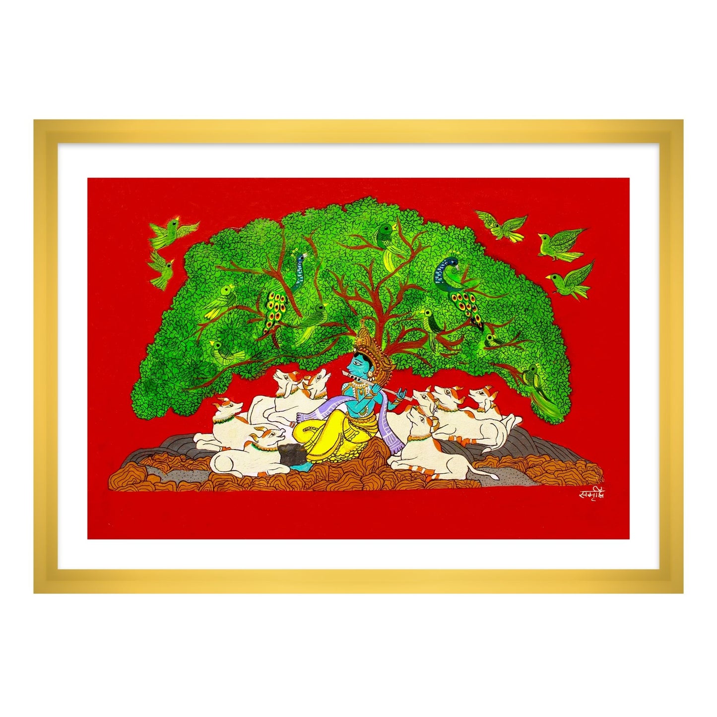 Krishna Playing Flute under a Tree | Pichwai Indian Framed Wall Art