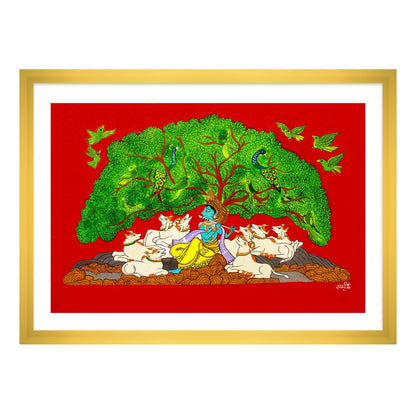 Krishna Playing Flute under a Tree | Pichwai Indian Framed Wall Art