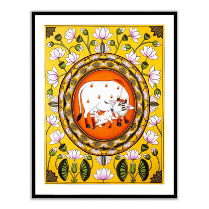 Kamdhenu Pichwai Cow with a Nandi Vastu Painting for Home Wall Art