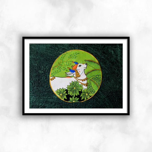 Nandi: Serene in Green Pichwai Art for Home Decor