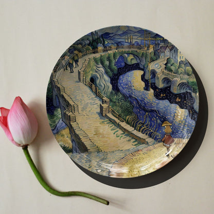 Blue Tones Starry Night Landscape Ceramic Plate for Home Wall Decor