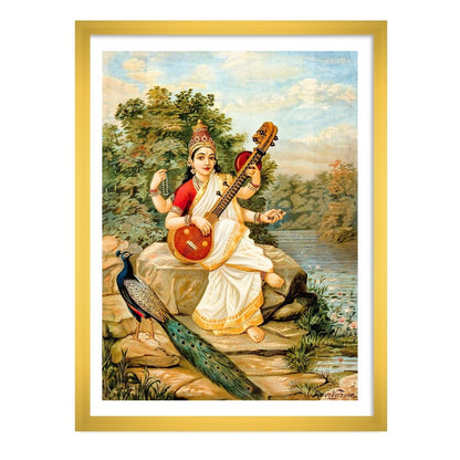 Goddess Sarasvati by Raja Ravi Varma Wall Art Print for Home Decor