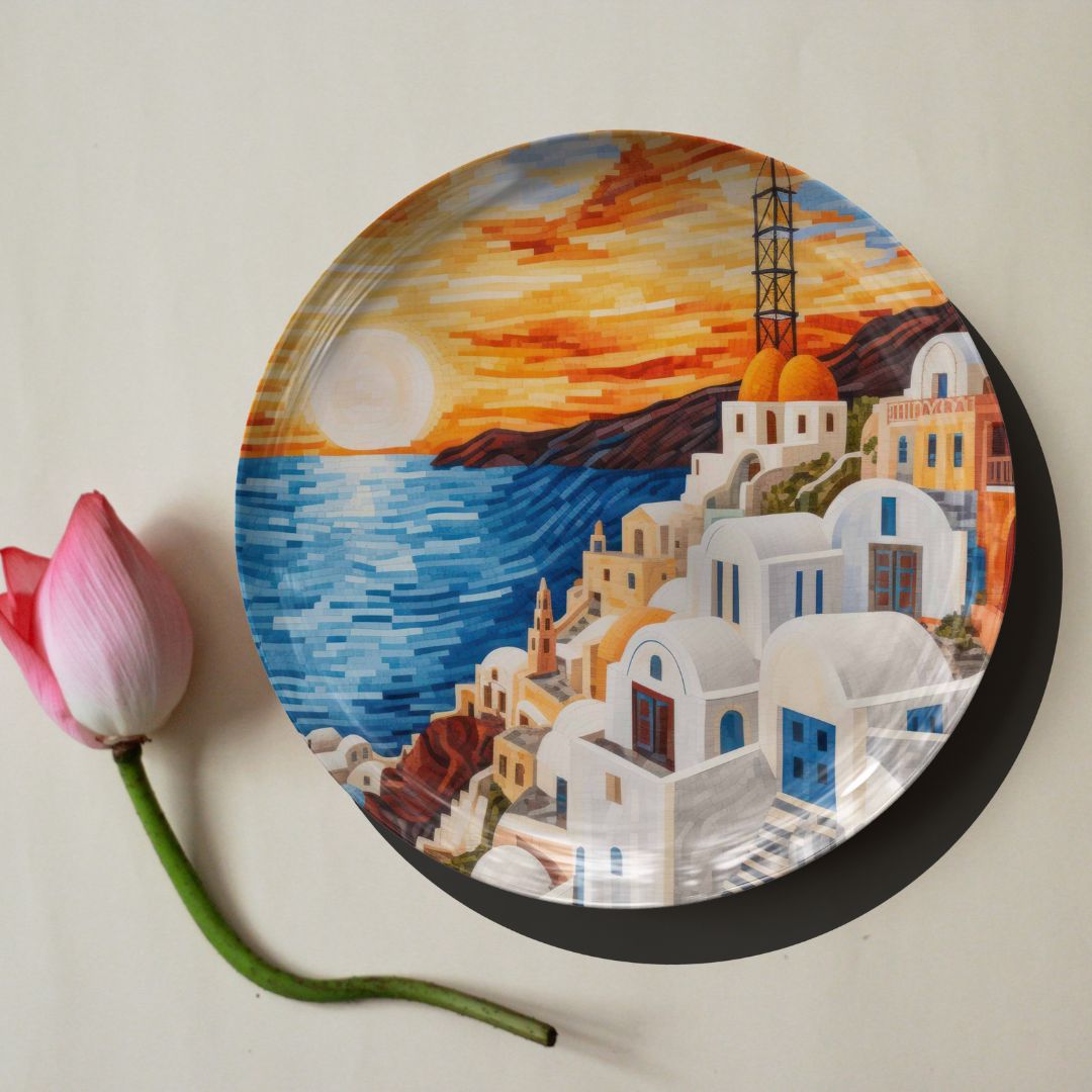 Sunset at Santorini Ceramic Travel Wall Plate for Home Decor