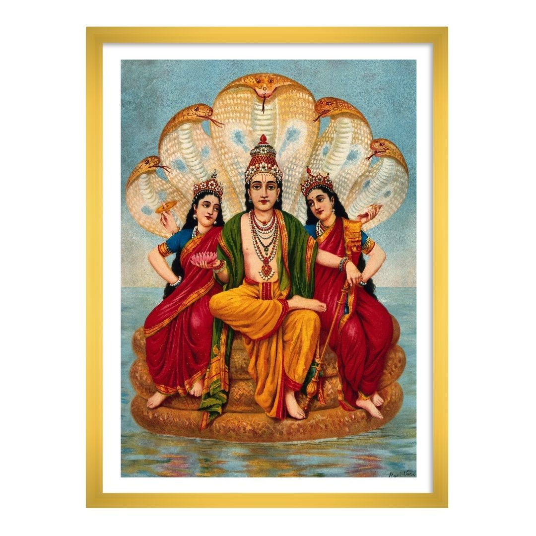 Vishnu flanked by two wives resting on Shesa by Raja Ravi Varma Wall Art