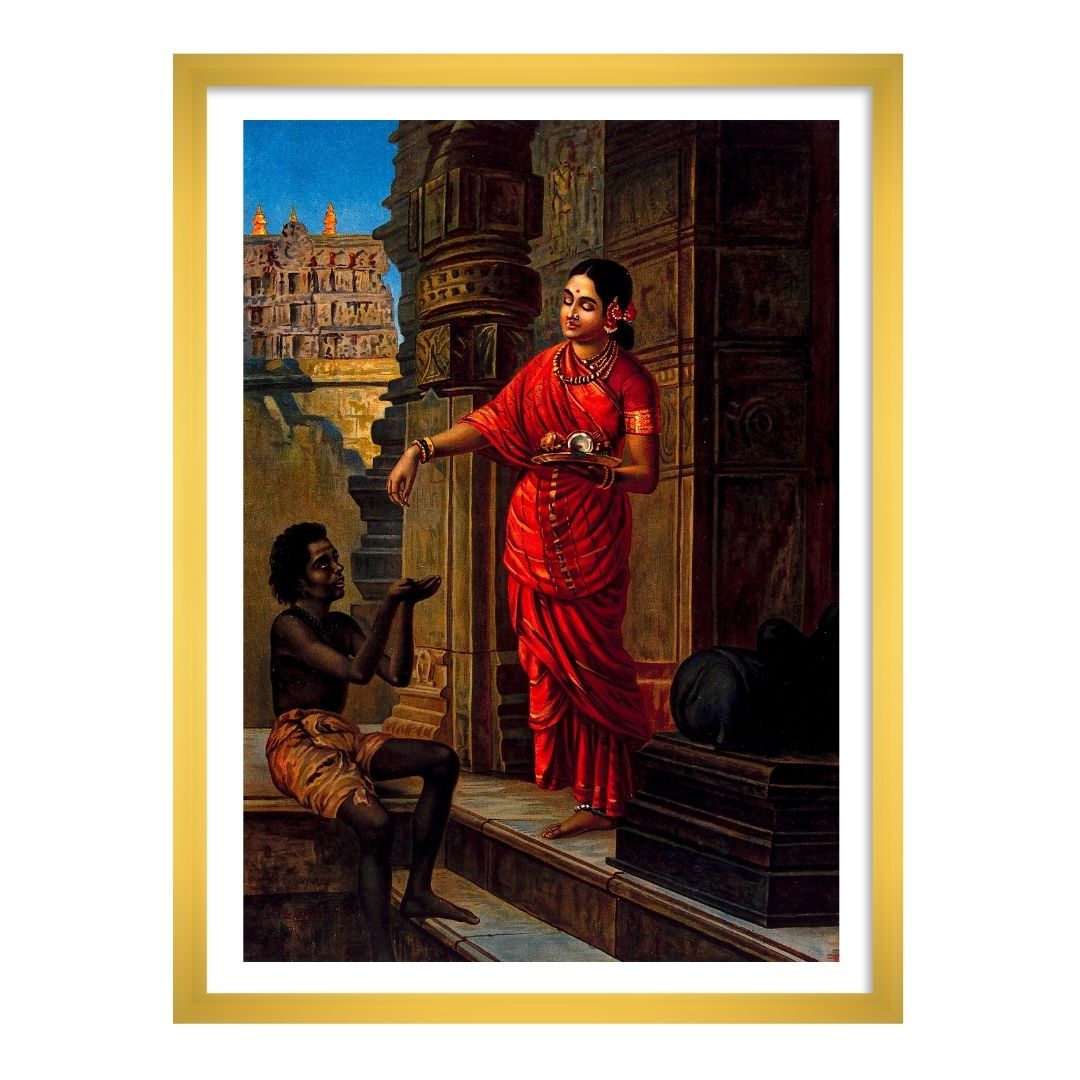 A woman giving alms to a beggar outside a temple to Lord Shiva by Raja Ravi Varma Home Wall painting