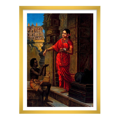 A woman giving alms to a beggar outside a temple to Lord Shiva by Raja Ravi Varma Home Wall painting