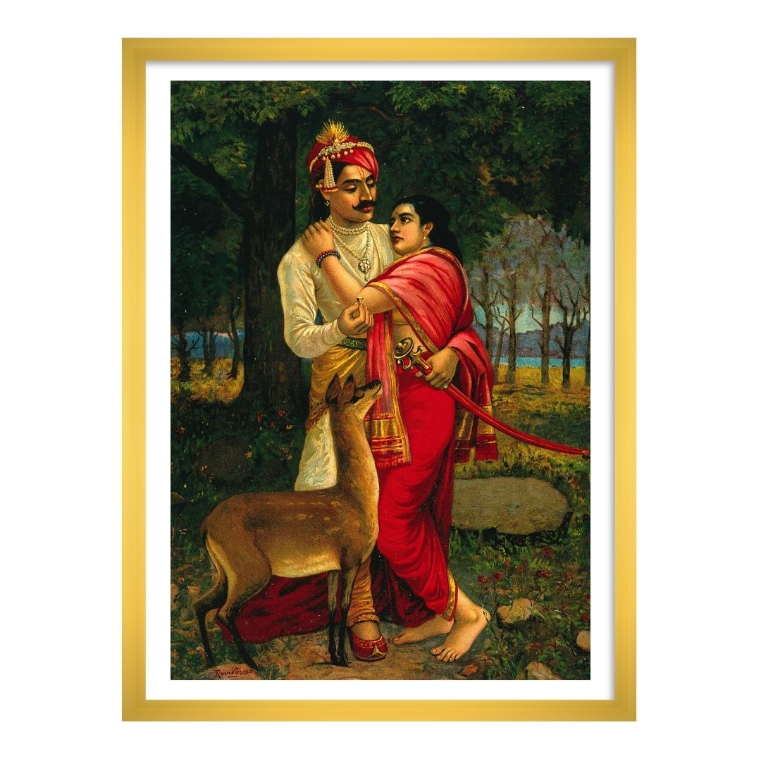 King Dushyanta proposing marriage with a ring to Shakuntala by Raja Ravi Varma Wall Art