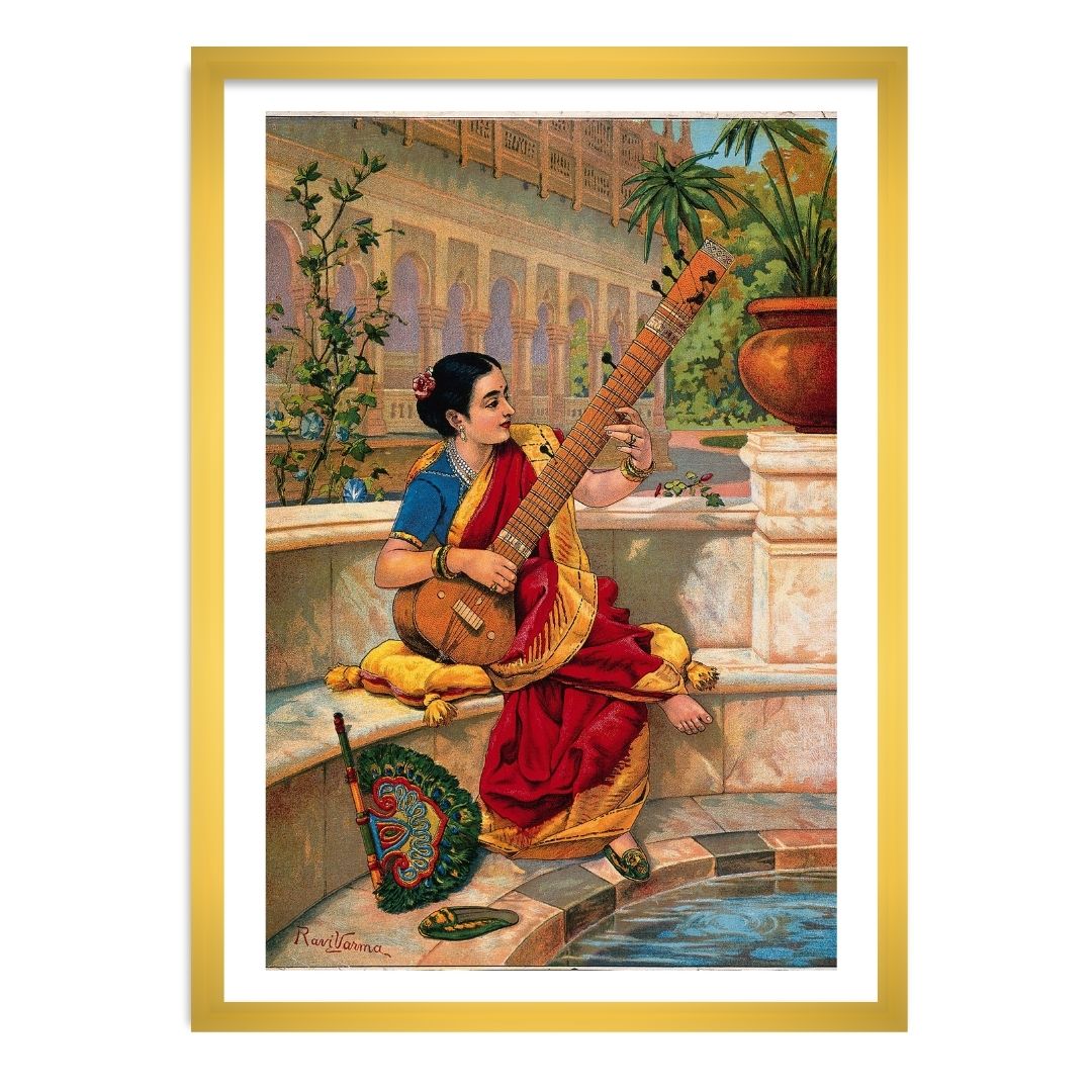 A seated Indian woman plays a sitar next to a garden pond (Kadambari) by Raja Ravi Varma Wall Art