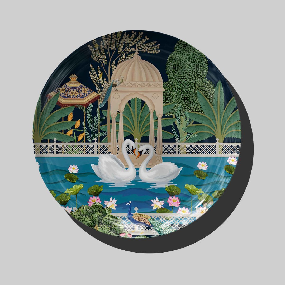 Beautiful Swan Couple in a Mughal Garden Decor Wall Plate for Home Decor