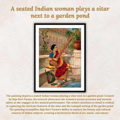 A seated Indian woman plays a sitar next to a garden pond (Kadambari) by Raja Ravi Varma Wall Art