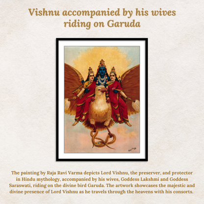Vishnu accompanied by his wives riding on Garuda by Raja Ravi Varma Wall Art Painting