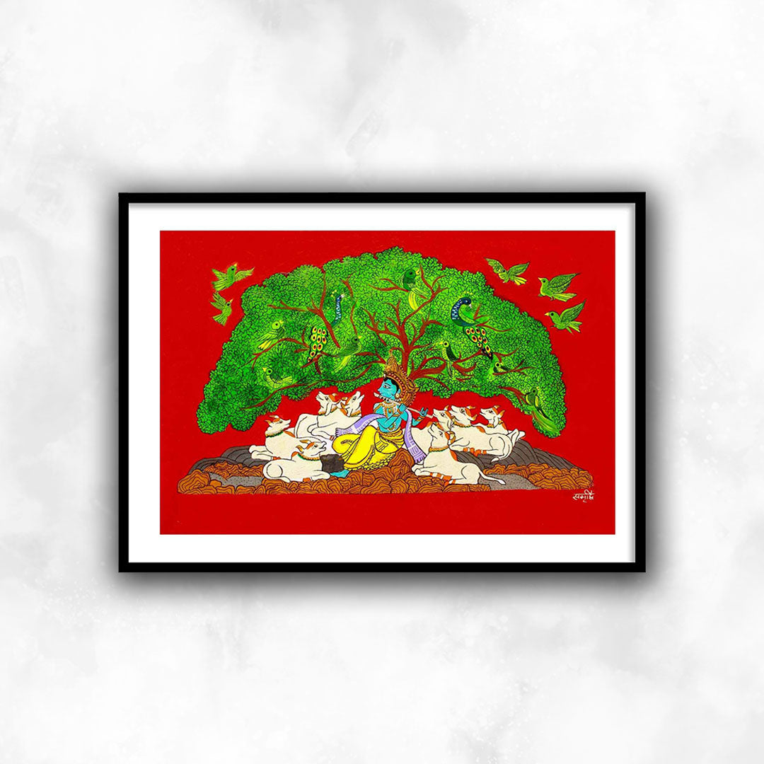 Krishna Playing Flute under a Tree | Pichwai Indian Framed Wall Art