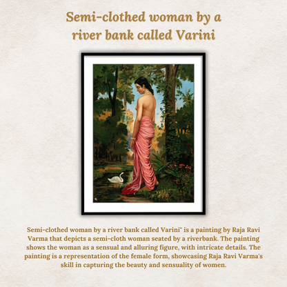 Semi-clothed woman by a river bank called Varini by Raja Ravi Varma Wall Art  for Decor