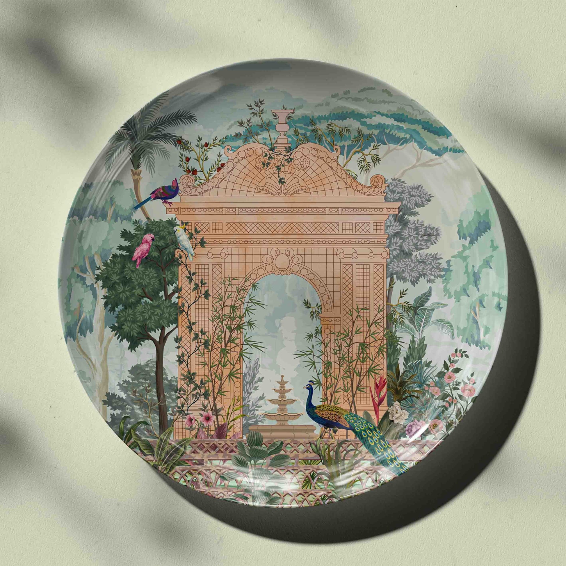 Victorian Style Trellis Garden with Pastel Flower & Peacock Ceramic Wall Decor Plate for Home Decor