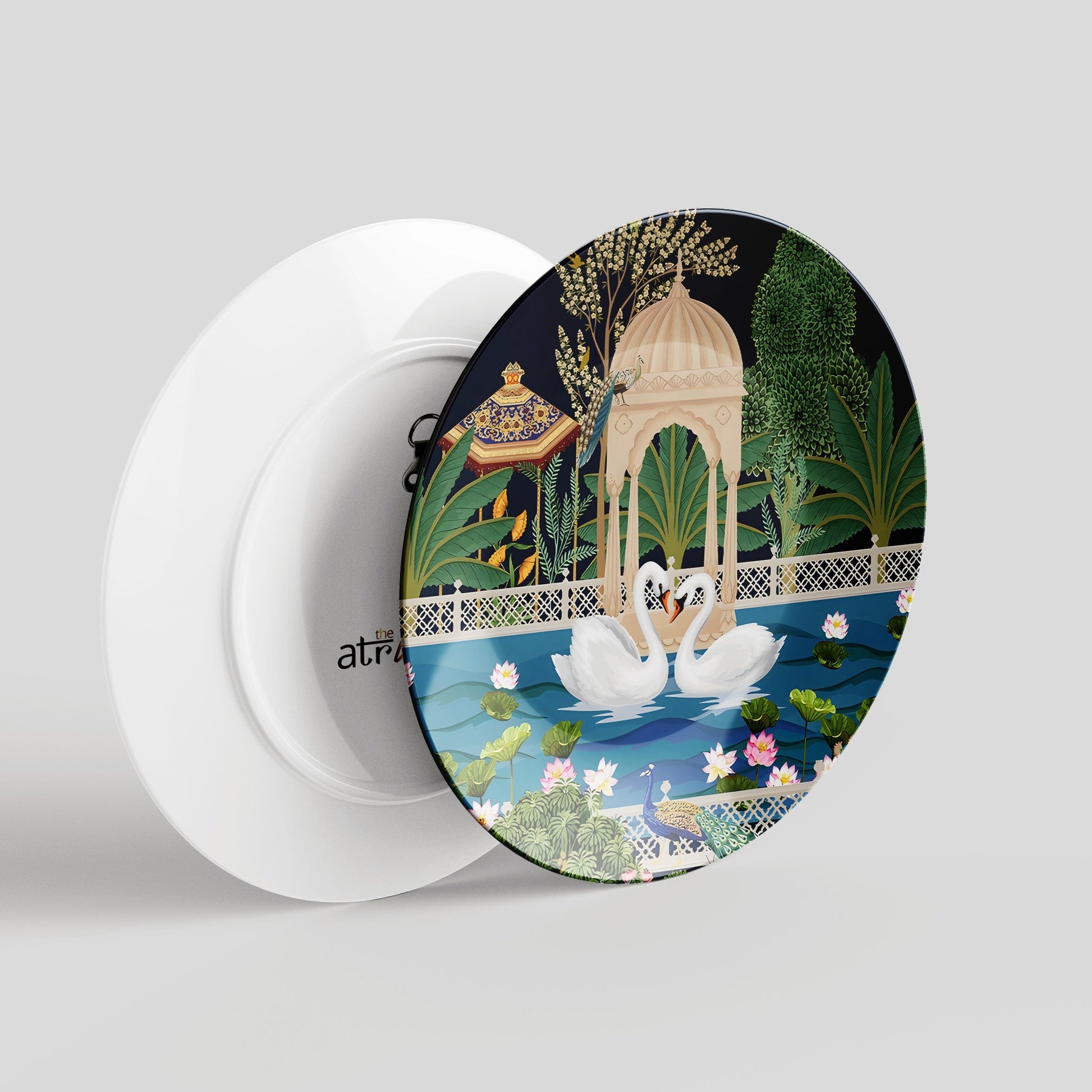 Beautiful Swan Couple in a Mughal Garden Decor Wall Plate for Home Decor