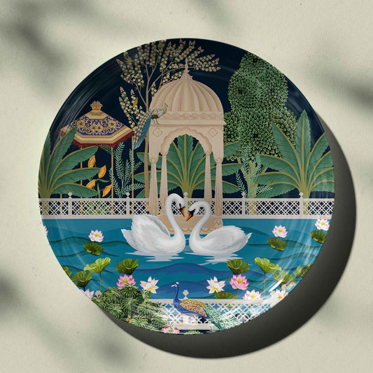 Beautiful Swan Couple in a Mughal Garden Decor Wall Plate for Home Decor