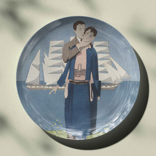 A couple standing in a school uniform on a green grass field Ceramic Plate for Home Decor