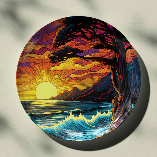 Colorful Tree-Sun Ceramic Plate for Home Wall Decor, Tree Art Plates