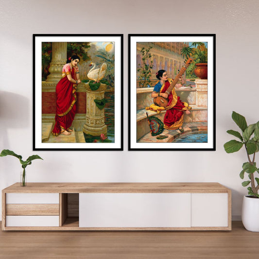 Raja Ravi Varma Wall Art Painting of Damayanti & Kadambari for Home Decor