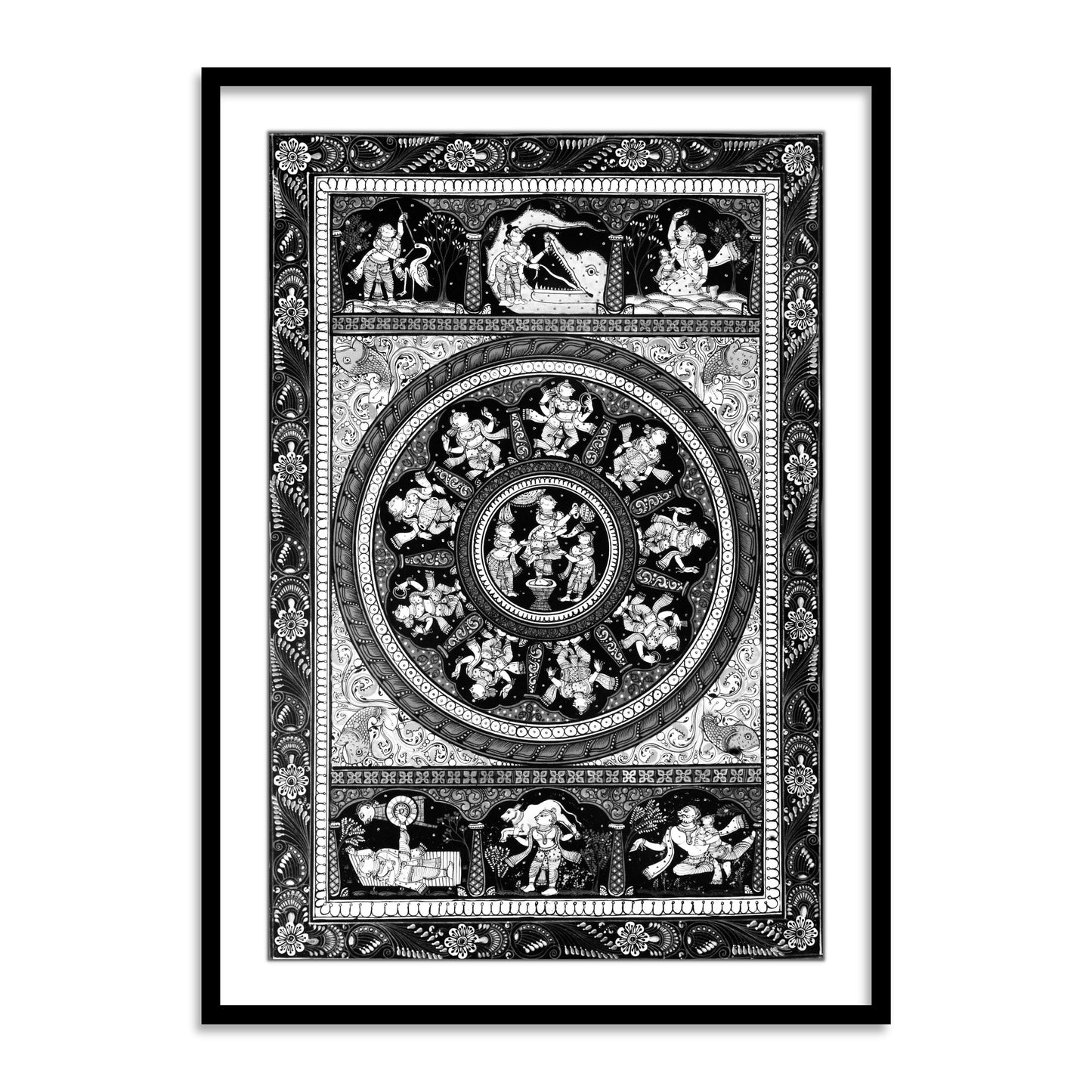 Shri Krishna Ras Leela Pattachittra Art Black and White Framed Wall Art