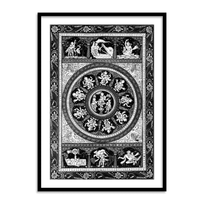 Shri Krishna Ras Leela Pattachittra Art Black and White Framed Wall Art