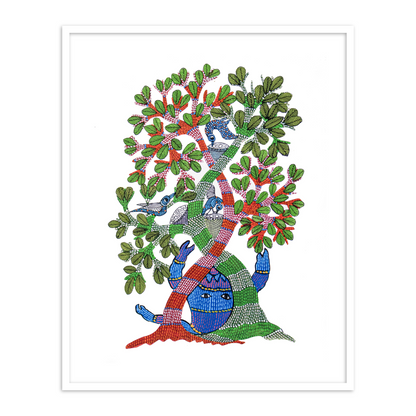 Colorful Perching Birds on a Tree Gond Art Painting for Home Decor | Arts of India