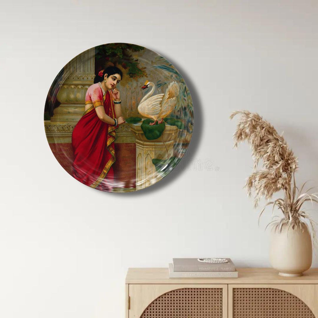 A swan telling Damayanti of Nala's love by Ravi Varma Ceramic Plate for Home Decor