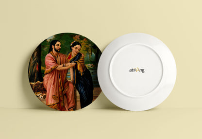 Arjuna in disguise a dancing teacher wooing Subhadra by Ravi Varma Ceramic Plate for Home Decor