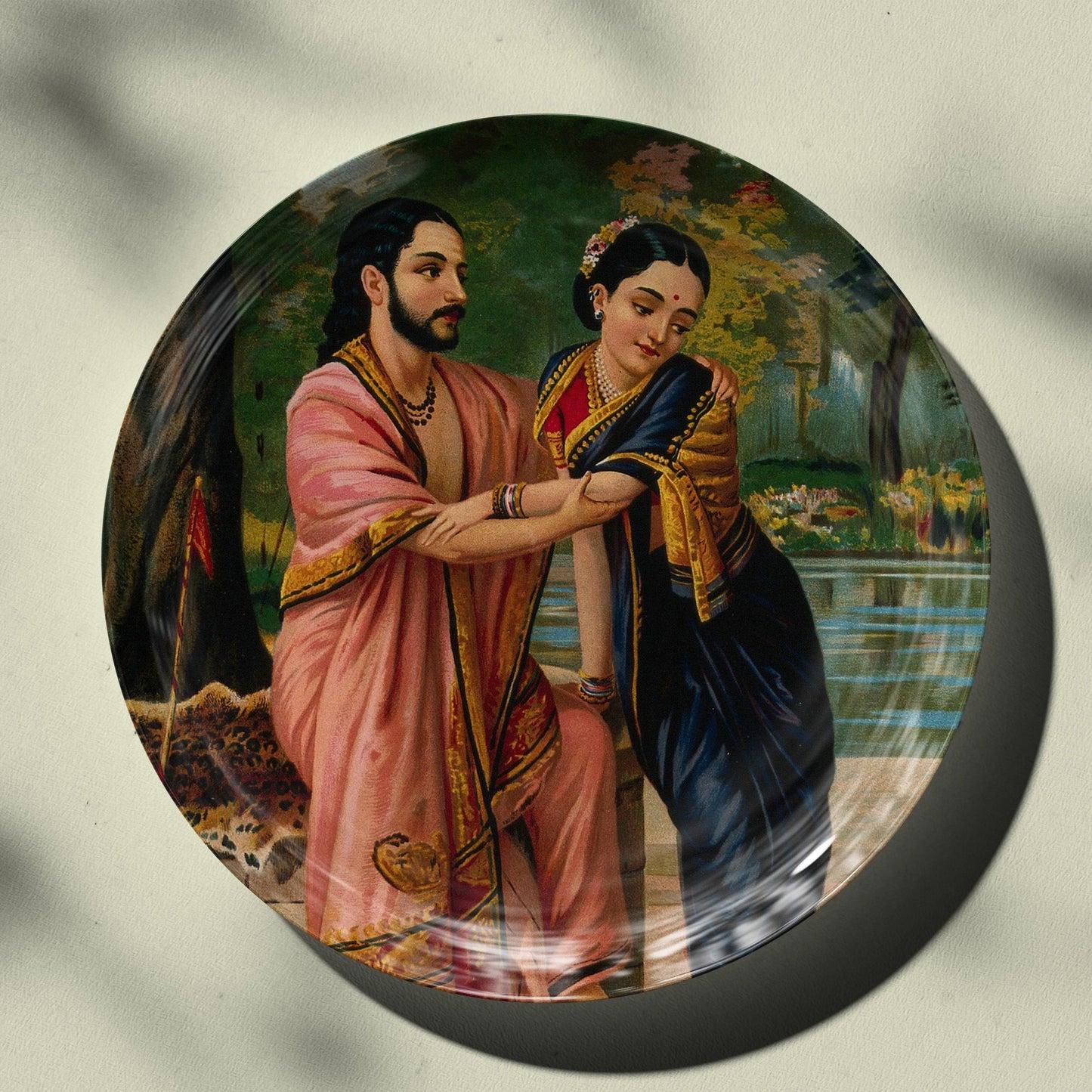 Arjuna in disguise a dancing teacher wooing Subhadra by Ravi Varma Ceramic Plate for Home Decor