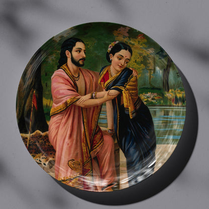 Arjuna in disguise a dancing teacher wooing Subhadra by Ravi Varma Ceramic Plate for Home Decor