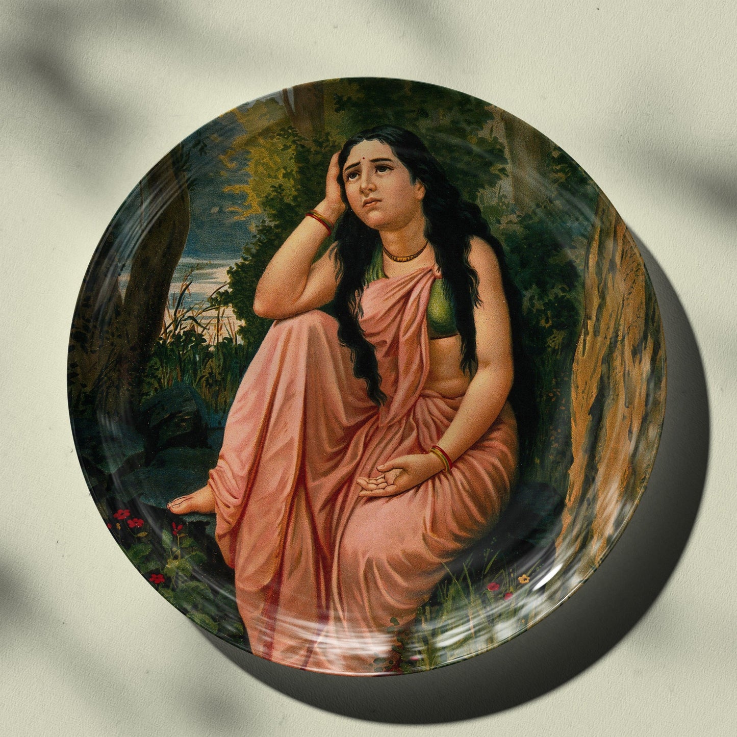 Damayanti deserted in the forest by Ravi Varma Ceramic Plate for Home Decor