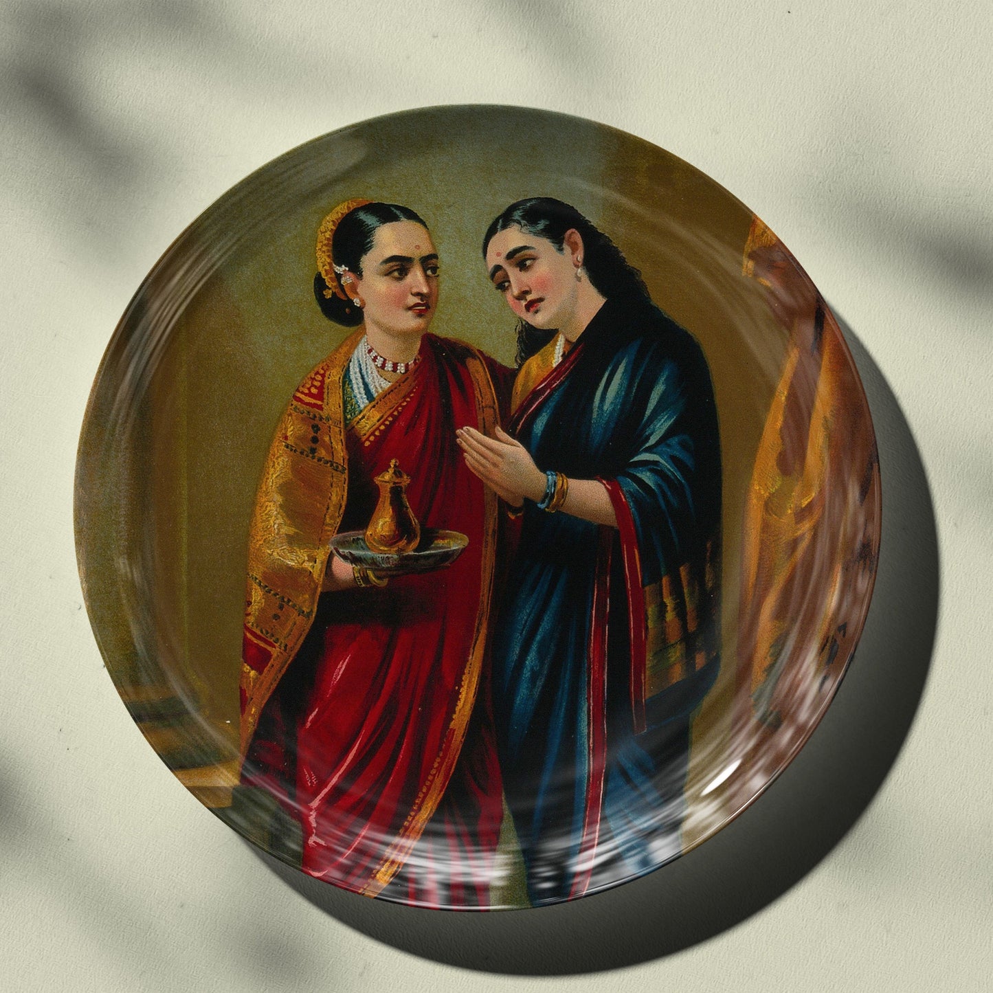 Sakuntala and her mother fly towards heaven by Ravi Varma Ceramic Plate for Home Decor