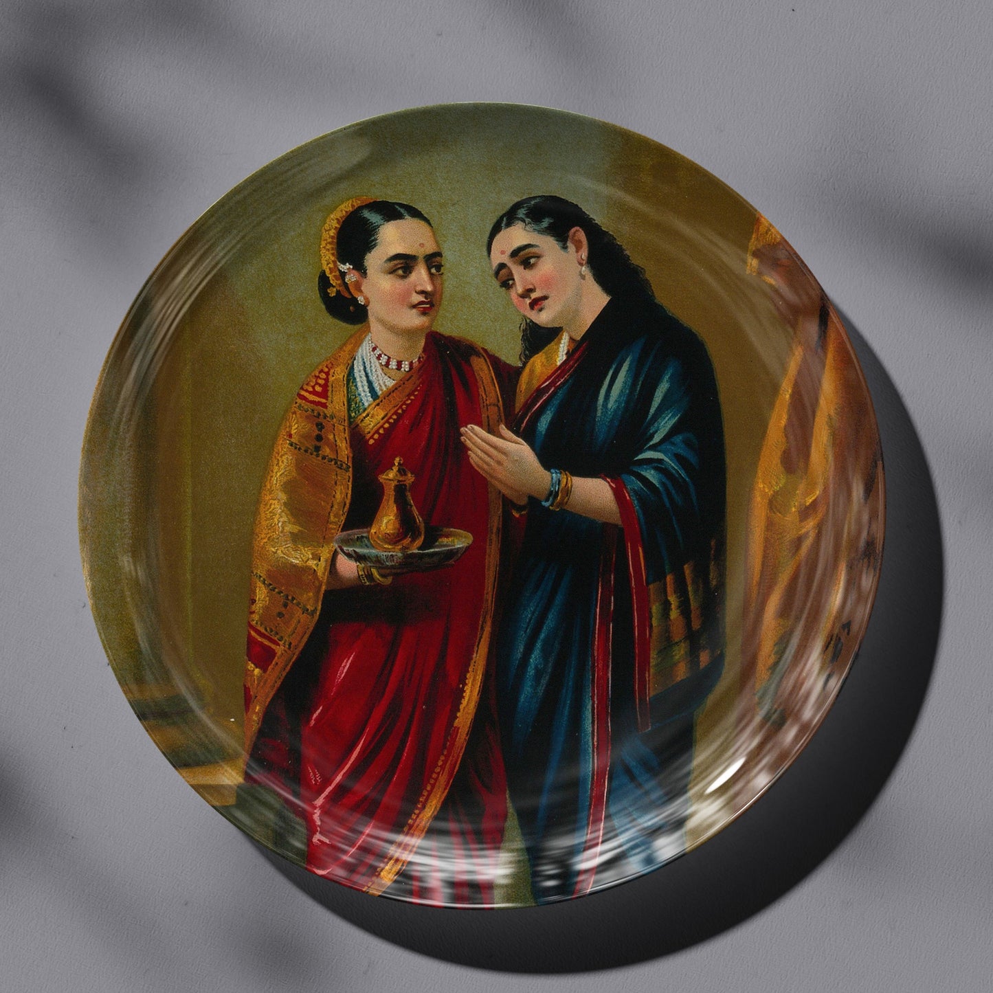 Sakuntala and her mother fly towards heaven by Ravi Varma Ceramic Plate for Home Decor