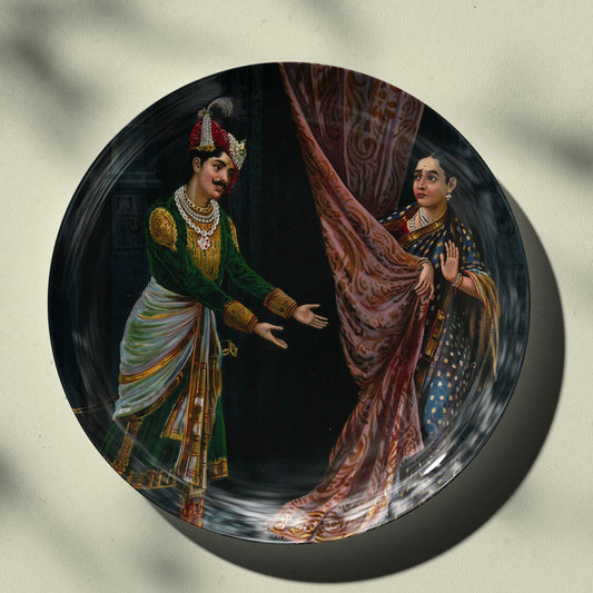 Kichaka making indecent proposals to a frightened Draupadi by Ravi Varma Ceramic Plate for Home Decor