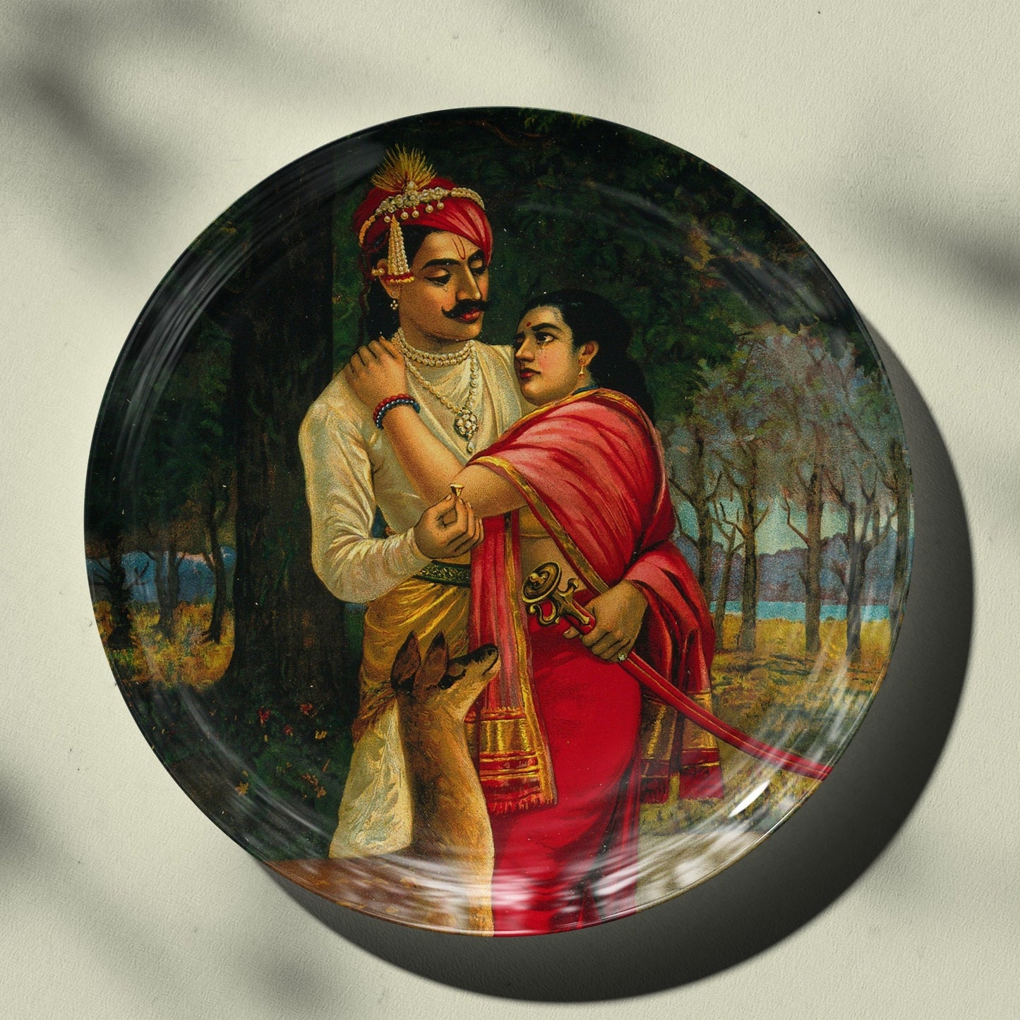 King Dushyanta proposing marriage with a ring to Shakuntala by Ravi Varma Ceramic Plate for Home Decor