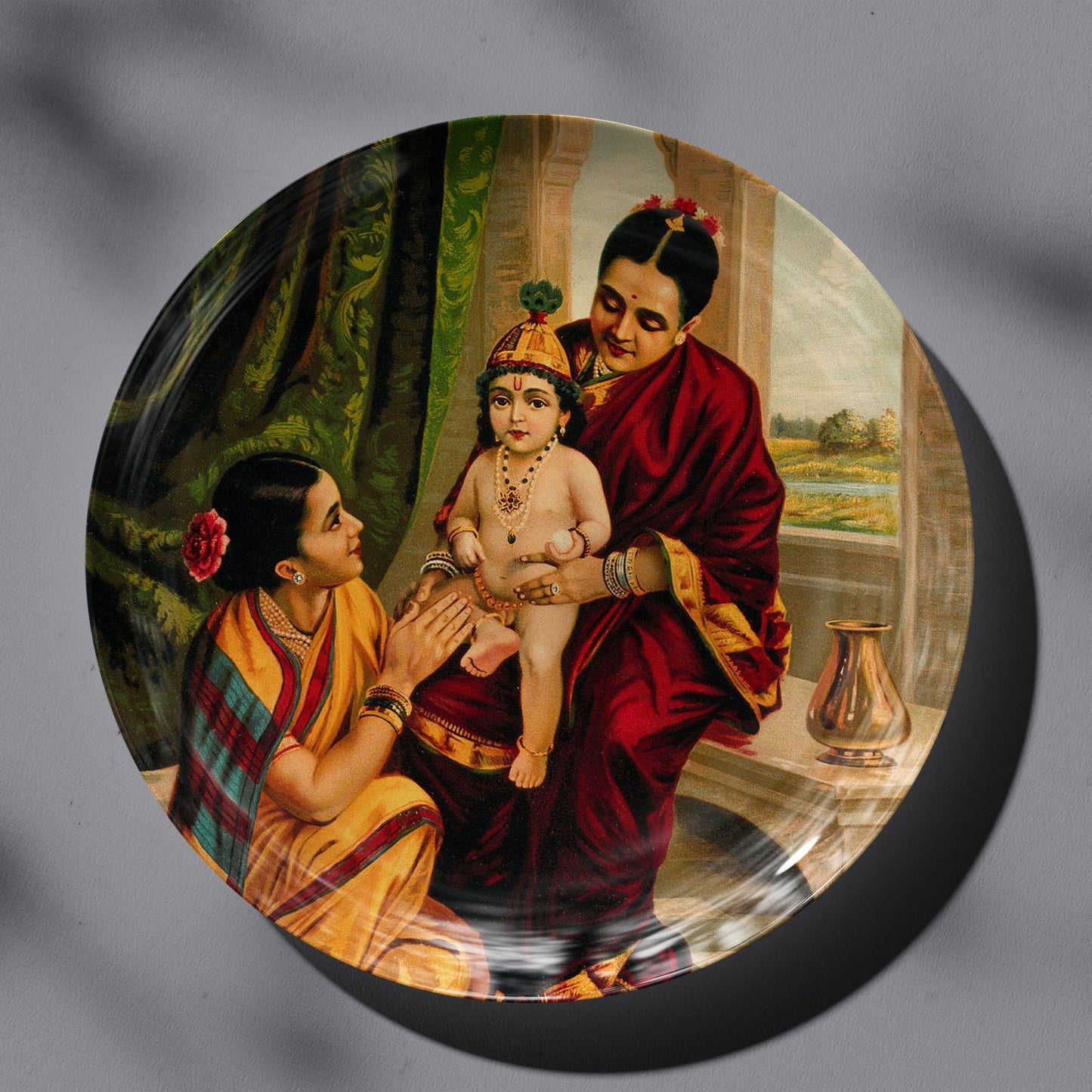 Krishna as an infant sitting on Yashoda's lap by Ravi Varma Ceramic Plate for Home Decor