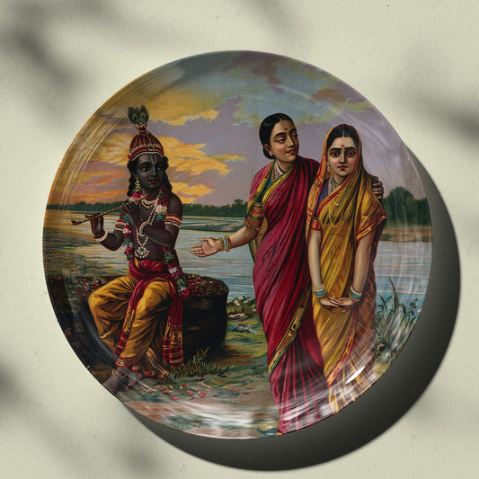 Krishna declaring his love for Radha via a confidante by Ravi Varma Ceramic Plate for Home Decor